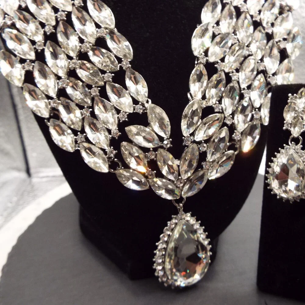 OSCAR WORTHY MASSIVE CRYSTAL MARQUISE & TEARDROP RHINESTONES NECKLACE SET B - Picture 4 of 8